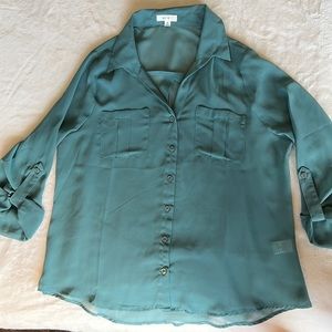 Blue, button detailed, 3/4 sleeve blouse.